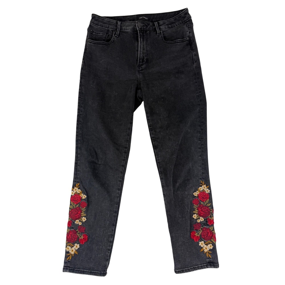 Driftwood Gizelle Jeans Womens 27 Black Floral‎ Rose Embroidered Skinny Denim
